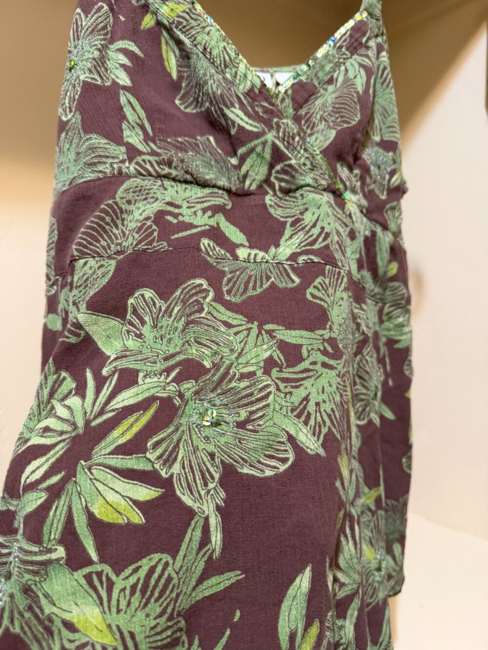 Y2K Cato Brown Green Floral Sequin Empire Waist Tank Top L - Picture 9 of 10